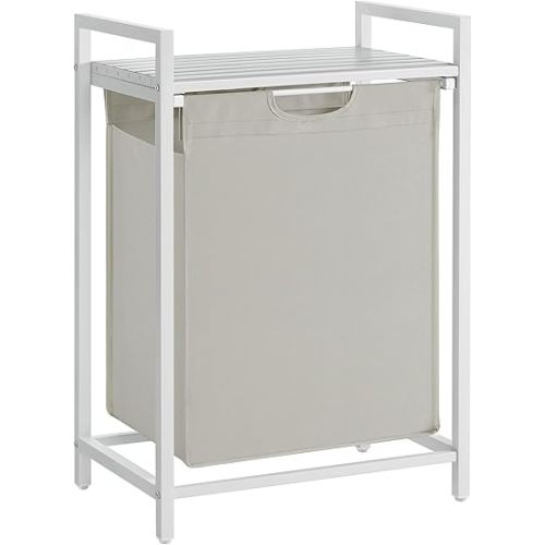 VASAGLE Laundry Hamper, Laundry Basket, Laundry Sorter with A Pull-Out and Removable Bag, Shelf, Metal Frame, 17.2 Gallons (65 L), 19.7 x 13 x 28.4 Inches, Cream White and Cloud White UBLH101W01