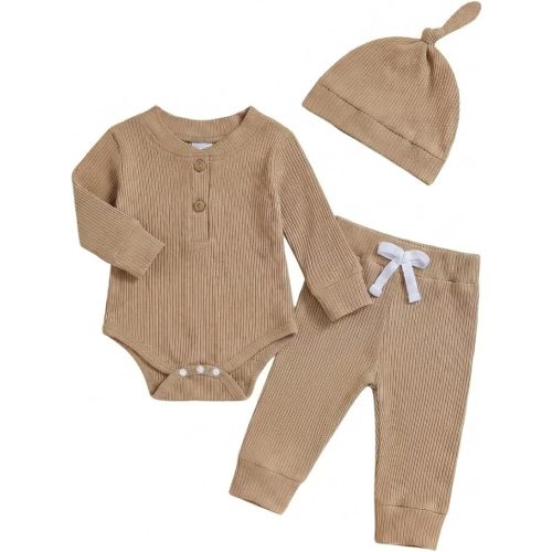 Newborn Baby Boy Clothes Long Sleeve Ribbed Bodysuit Pants Hat 3-Piece Outfit Set