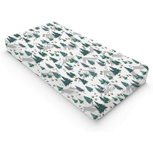 Green Pine Forest Animals Tracks Baby Changing Pad Covers Pine Trees Paws Mountain Diaper Changing Table Sheets for Girl Boy Soft Breathable Stretch Fitted Nursery Change Table Mat 32''x16''