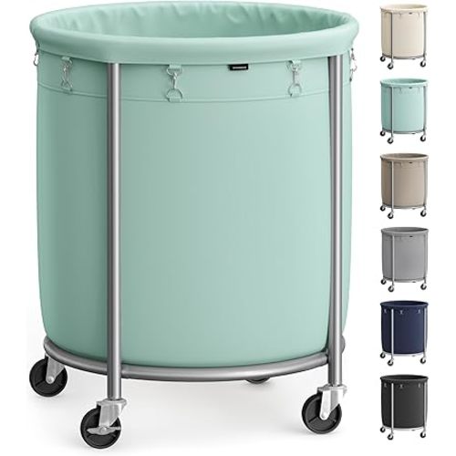 SONGMICS 50.2-Gallon (190 L) Laundry Basket with Wheels, Rolling Round Heavy-Duty Laundry Hamper Cart with Steel Frame and Removable Bag, 2 Locking Wheels, Mint Green and Metallic Silver URLS001C01