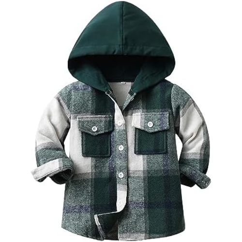 Toddler Kids Plaid Shacket Jacket Boys Girls Flannel Shirts Long Sleeve Button Down Hooded Jackets Warm Coat
