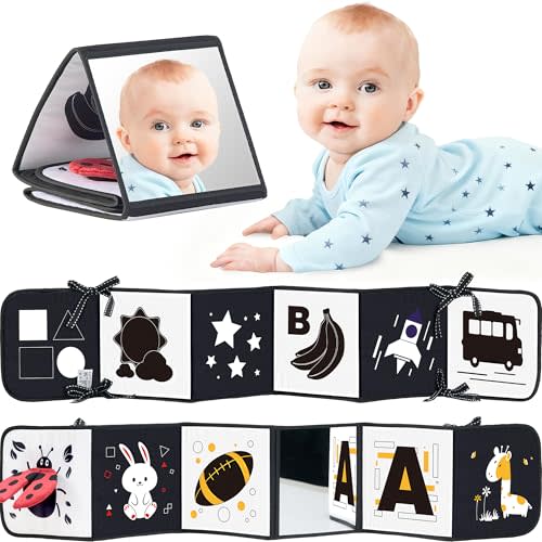Black and White Baby Books for Newborn - Tummy Time Mirror & Sensory Toys Soft Montessori Toy for Infant Visual Stimulation, Brain Development & Early Learning - High Contrast Toys for 0-6 Months
