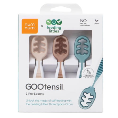 NumNum Baby Spoons Set, Feeding Littles x Silicone Pre-Spoon GOOtensils for Baby Led Weaning, Self-Feeding & Teething, First Stage Toddler Utensils for Ages 6+ Months, 3-Pack, BPA-Free (Neutrals)