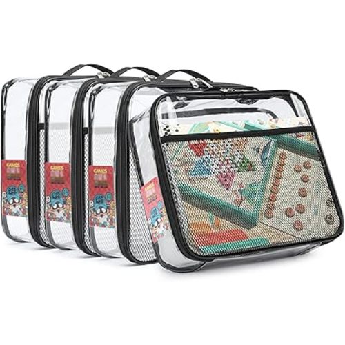 4 Pack Toy Storage Organizer Bags 13.7"L x 2.7"W x 9.7"H | Clear Waterproof Toy Organize for Building Blocks, Puzzles, Board Games | Travel-Friendly with Name Tag & Mesh Pocket (Large, Black)