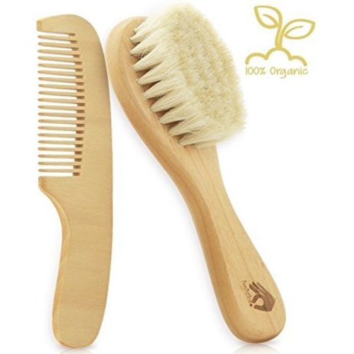 Natural Soft Newborn Baby Brush Set | Organic Goat Hair Bristles with Eco-Friendly Wood Handle | Wooden Infant Cutie Comb by PomPerfect