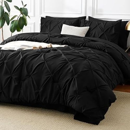 CozyLux King Size Comforter Set Black, 7 Pieces Pintuck Bed in A Bag Black Comforter King Size, Pinch Pleat Bedding Set with All Season Comforter, Sheets, Pillowcases & Shams