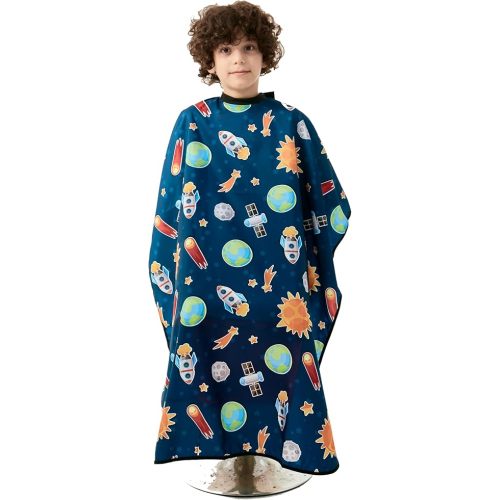 Kids Hair Cutting Cape - Outer Space Print, Water-Resistant Salon Cape with Snap Closure - Lightweight Barber Cape for Children’s Haircuts - Fun Kids Hairdresser Cape for Salon or Home Use