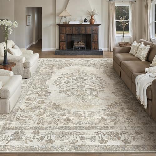 PureCozy 8x10 Washable Area Rug Living Room Cream Beige Vintage Carpet | Soft Low Pile, Non Slip, Stain Resistant, Floral Medallion, Neutral Retro Decor for Bedroom, Dining Room, Kids Room, Office