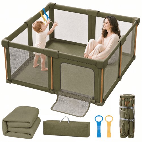 PRVAETU 59''×71'' Foldable Baby Playpen with 0.35'' Mat,Collapsible Play Pen for Babies and Toddlers,Green