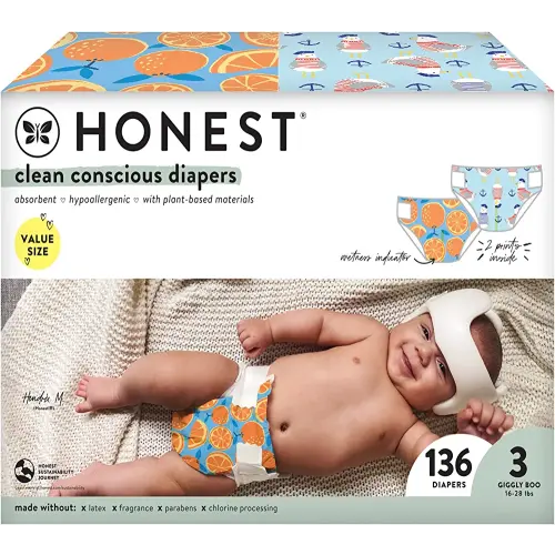 The Honest Company Clean Conscious Diapers | Plant-Based, Sustainable | Orange You Cute + Feeling Nauti | Super Club Box, Size 3 (16-28 lbs), 136 Count