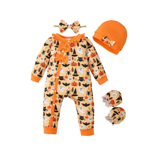 KIMI BEAR Newborn Baby Girsl Halloween Bodysuits Ruflle Long Sleeves Romper Pumpkin Ghost Jumpsuits + Hat + Headband + Gloves 4pcs Orange Preemie
