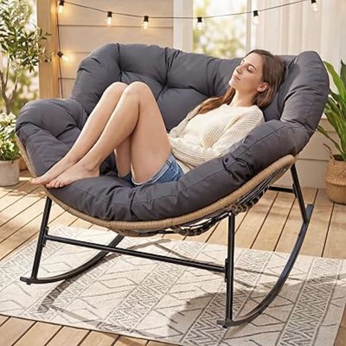 RADIATA Outdoor Papasan Rocking Chair with Cushion, Oversized Patio Lounge Rocker, All Weather PE Wicker Comfy Egg Rocking Chairs, 450 lbs Heavy Duty Recliner Glider for Balcony, Porch, Garden, Grey