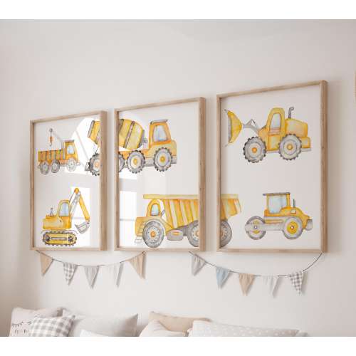 Set of 3 Construction Prints, Excavator Wall Art Set, Truck Posters, Modern Art, Kids Bedroom Decor, Boy Nursery Decor, Playroom Prints