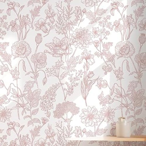 Toduso Peel and Stick Wallpaper Pink Floral Wall Paper Pink and White Contact Paper Removable Waterproof Flowers Wallpaper for Bedroom Bathroom Cabinets Vinyl 17.3" x 393.7"