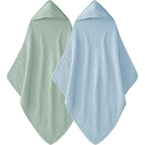 Hooded Baby Towels for Newborn - 2 Pack, 100% Muslin Cotton, Baby Bath Towels with Hood, Soft and Absorbent for Boys, Girls Infant, Toddler and Kids, Large 32x32 Inches, Newborn Essential