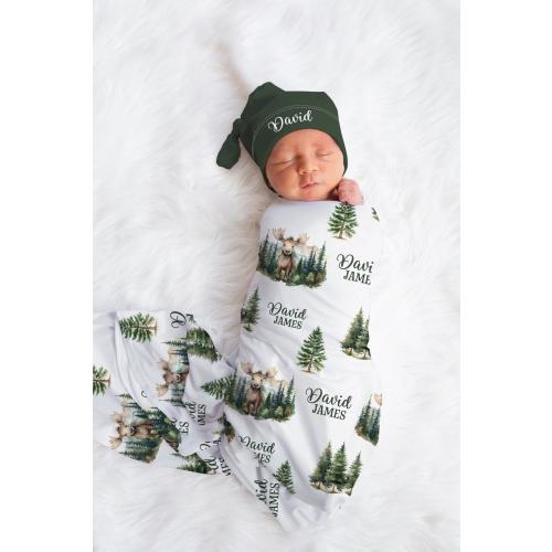 Personalized Baby Moose Swaddle set -Custom Baby Boy Blanket Hat Set - Newborn hospital outfit -Woodland baby shower gift- trees sbs201