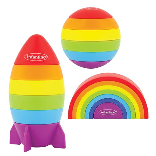 Infantino Imagination Stackers Playset, Rainbow Stacker, Rocket Stacker, Ball Stacker for Babies 12M+, 3-Style Set, 19 Pieces