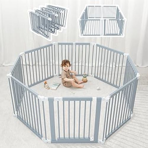 Comfy Cubs Baby Gate Playpen - 57 x 57 x 25 in, Extends Up to 228” - Pine Wood Foldable Playpen with Child-Proof Lock - Easy Assembly Baby Fence Play Area for Babies & Toddlers - Pacific Blue