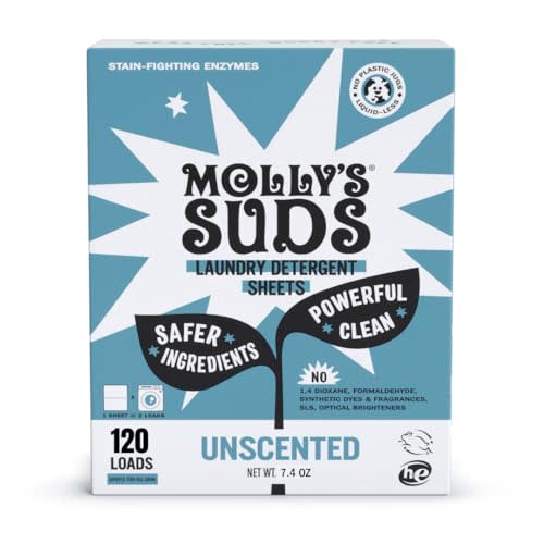Molly’s Suds Laundry Detergent Sheets | Gentle on Sensitive Skin, Powerful Bio-Based Enzymes, Stain-Fighting | Liquidless & Plastic-Free Packaging | 120 Loads (Unscented)