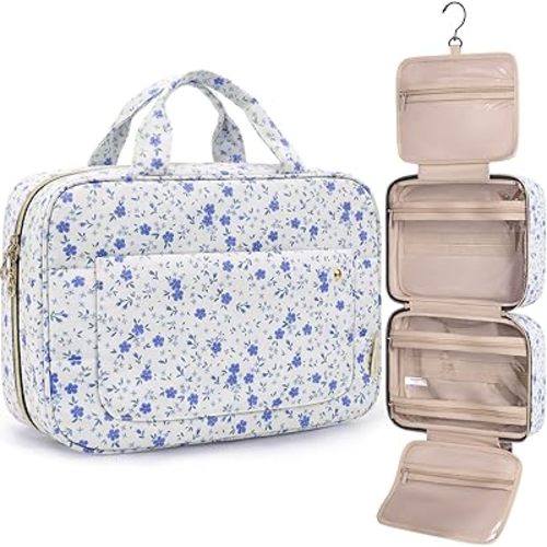 BAGSMART Toiletry Bag Travel Bag with Hanging Hook, Water-resistant Makeup Cosmetic Bag Travel Organizer for Accessories, Shampoo, Full-size Container, Toiletries (Blue Ditsy Floral, Medium