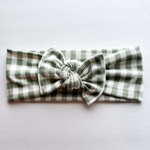 Sage Gingham : Flat Bow Headband – Turbans For Tots
