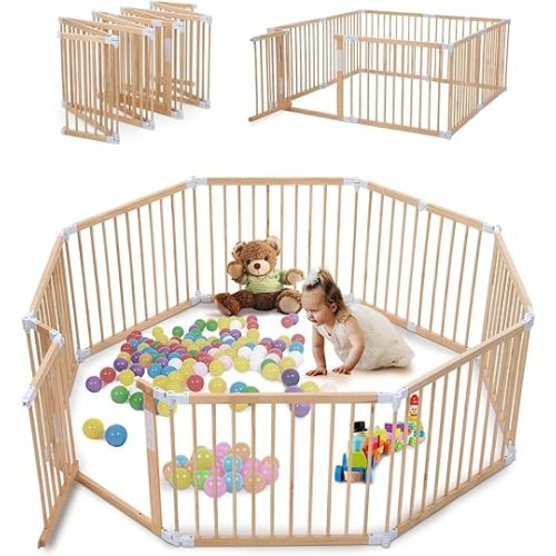 Wooden Baby Playpen, Pre Assembled Playpen,Foldable Wood Large Shape&Adjustable Playard, Playpen for Babies and Toddlers, Play Fence with Locking Gate Activity Center, Toddler Fence Play Area Indoor