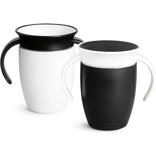 Munchkin Miracle 360 Sippy Cup for 6 Month Old, Spill Proof Baby and Toddler Cups with Transition Handles, 7 Ounce, 2 Pack, Black/White