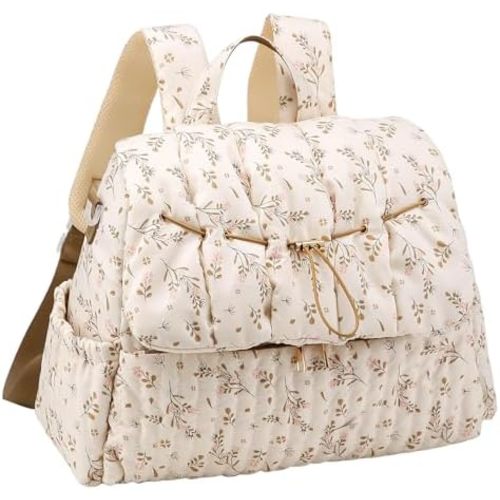 YFGBCX Floral Quilted Diaper Bag Backpack for Mom Multi-Functional Travel Baby Bag with Stroller Straps Maternity Purse (Beige)