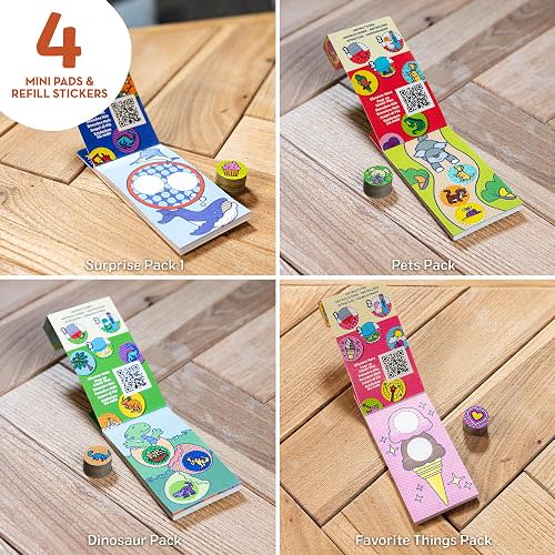 Melissa & Doug Sticker Wow!™ Mini Activity Pad and Refill Stickers 4-Pack (Dinosaur, Pets, Favorite Things, Surprise Pack 1) – 200 Stickers Each (800 Total) for Any Sticker Stamper (Not Included)