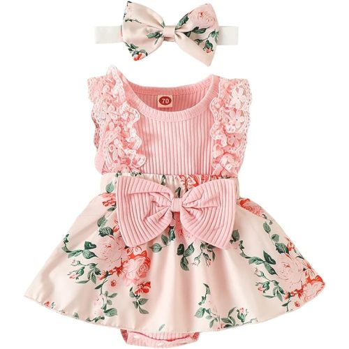 Newborn Baby Girl Outfit Sleeveless Lace Floral Romper Dress Headband Infant Cute Summer Clothes Set