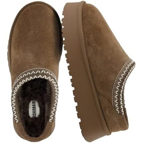 CUSHIONAIRE Kabuki Platform Boots Genuine Suede Fuzzy Mule Slippers for Women with Memory Foam | Indoor/Outdoor Womens Slippers | Wide Widths Available