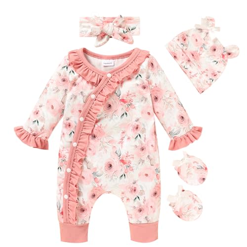 GRNSHTS Newborn Girl Floral Jumpsuit Baby Girl Long Sleeve Ruffle Romper Overall Coming Home Outfits