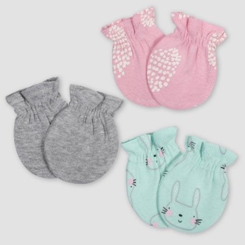 Gerber Baby Girls' 3pk Bunny Mittens - Green/Pink/Gray 0-3M