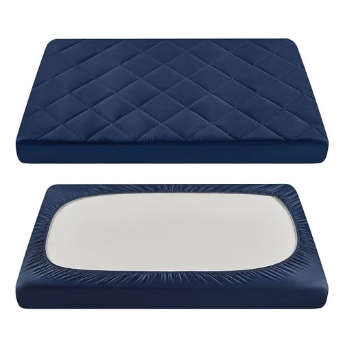 TILLYOU Pack and Play Sheets for Toddler Mattress, Mini Crib Sheets Fitted Up to 3" Deep, Breathable and Soft fit 39"x27", Navy