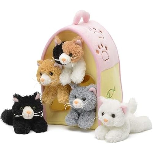 Plush Cat House with Cats - Five (5) Stuffed Animal Cats in Play Kitten House Carrying Case