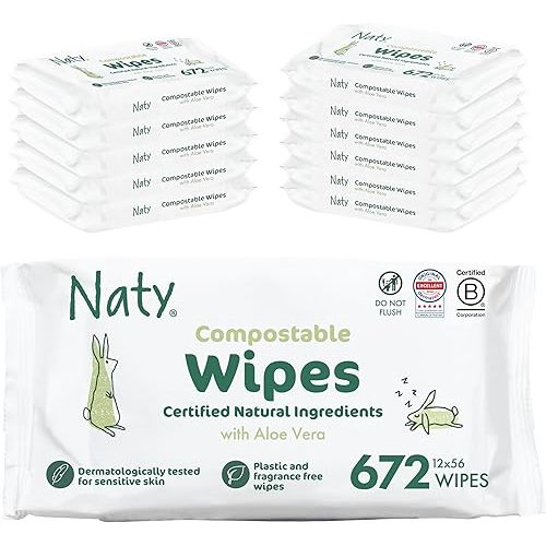 Naty Baby Wipes Aloe | 98% Water, Hypoallergenic & Natural for Sensitive Skin | Unscented, Plant-Based, Fragrance-Free | Plastic-Free & Compostable | Newborn & Toddler Wipes | 672 Count (12 Packs)