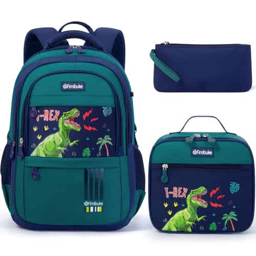 Fimibuke Kids Backpack for Boys, 3 PCS Dinosaur Backpack w/Lunch Box Set | Waterproof Boys Bookbag Lunch Box Combo for Toddler Kids Age 5-12 , Dino School Bag for Kindergarten to Middle Back to School