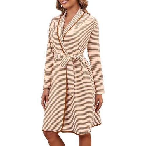 Cotton Robes for Women Striped Long Sleeve Kimono Bath Robe Lightweight House Coat Bathrobe Loungewear with Pockets