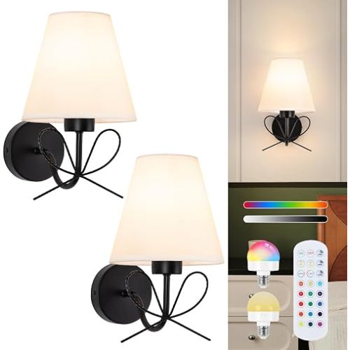 ADISUN Modern Wall Sconce Set of Two, Battery Operated Wall Sconce Remote Control Dimmable Wall Lamp Wireless Sconces for Living Room Bathroom Dining Room Corridor Staircase (2 Bulbs Included)