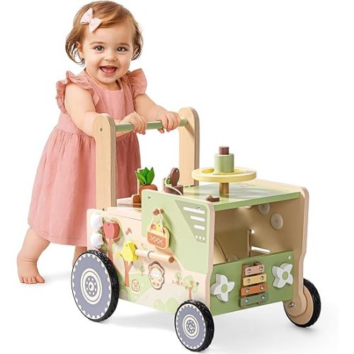 ROBUD Wooden Baby Walker, Baby Push Walker for 10+ Months, Montessori Push Toy, Adjustable Speed & Height Learning Toy with Activity Panel (Rustic Farm Adventure Theme)