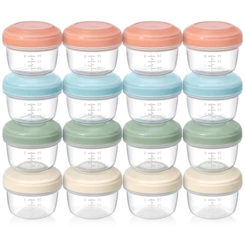 [16 Pack] 4 oz Small Containers with Lids, Reusable Plastic Jars for Snack and Puree, Salad Dressing Container to Go, Deli Containers, Freezer Baby Food Containers, Dishwasher Safe, BPA Free