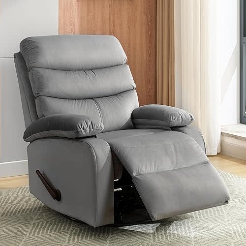Swivel Rocker Recliner Chair for Adults, Rocking Chair Nursery, Manual Small Swivel Recliner Chairs for Small Spaces, Living Room, Nursery, RV, Light Grey