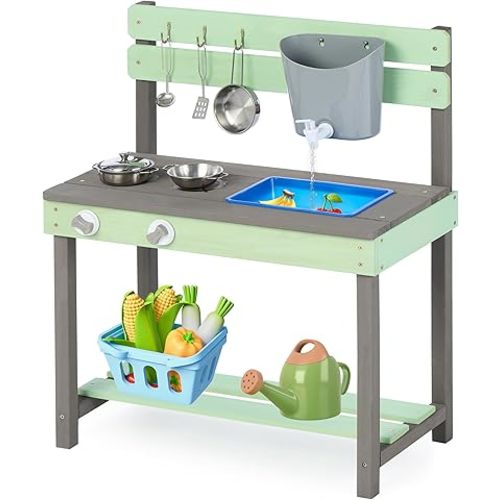 Wooden Kids Play Kitchen, Outdoor Mud Kitchen Playset with Water Play Set and Cooking Toys, Gift for 3+ Years Kid