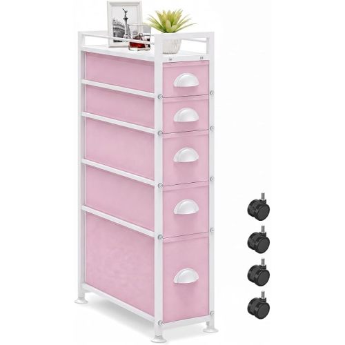 LASZOLA Narrow Cabinet Slim Storage Cart for Bathroom Small Space, Pink