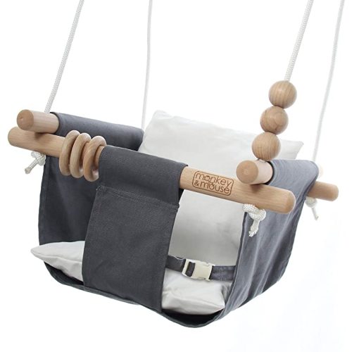 Monkey & Mouse Baby Swing, Grey White Indoor Outdoor Portable Hanging Chair - Infant & Toddler Kids 6 Months - 4 Years, Cotton Canvas & Beech Wood Frame, Sensory Hammock Boy & Girl Seat w/Wooden Toys