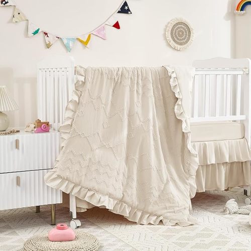 3-Piece Tufted Ruffle Crib Bedding Set for Girls - Ultra Soft Baby Bedding Set Includes Boho Crib Comforter, Sheet & Skirt (Beige)