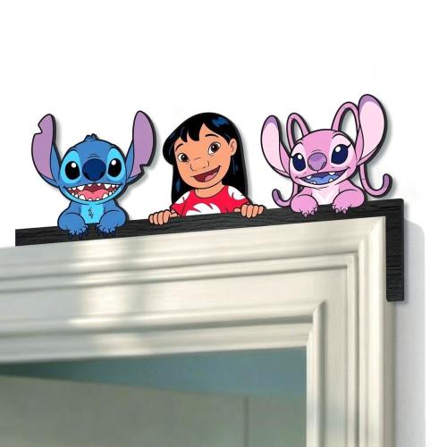 Lilo Stitch and Angel Door Corner Sign, Cute Pink Blue Alien Door Frame Decor, Cartoon Character Wall Decoration for Kids Room