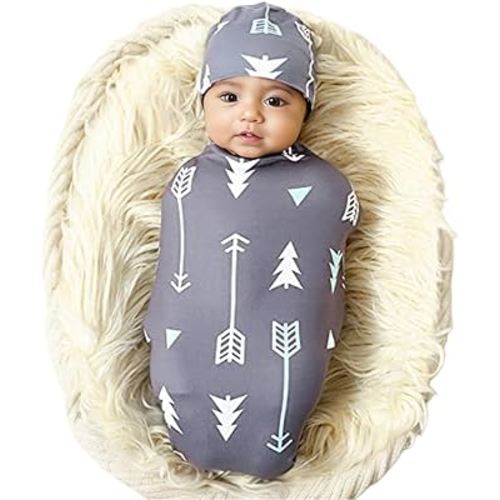 Galabloomer Newborn Swaddle Blanket with Beanie Set Baby Boy Receiving Blanket Gray Arrow