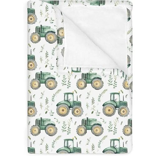 Watercolor Green Tractors Baby Blankets for Boy Girl Farm Tractors Boho Leaves Soft Flannel Nursery Bed Blankets for Infant Toddler Crib Stroller Swaddle Receiving Blanket Playmat 30x40inch