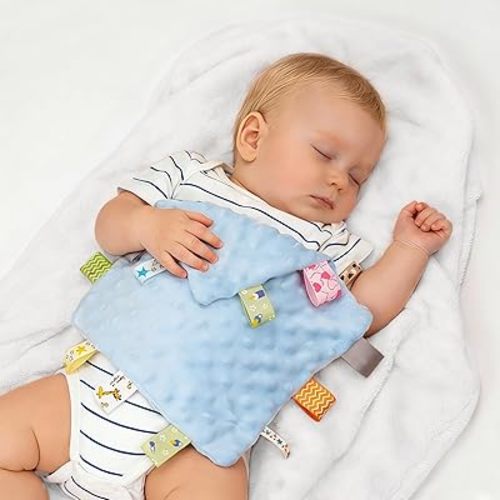 ZIGJOY Baby Tag Security Blanket, Soft Lovies for Babies, Baby Comforter,10"X10", Blue